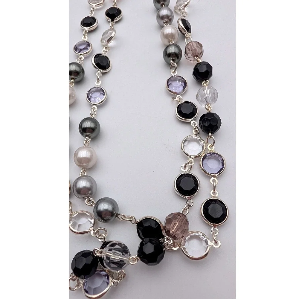 Lia Sophia Long Station Necklace Faux Pearl Crystal Silver Tone Black Lavender